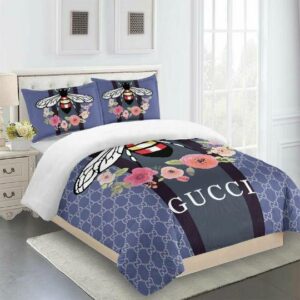 Gucci Blue And Flowers Fly Logo Brand Bedding Set Home Decor Bedspread Bedroom Luxury