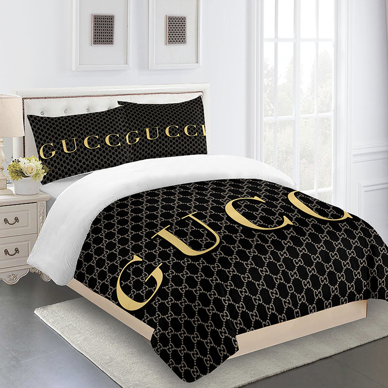 Gucci Black Grey Gold Logo Brand Bedding Set Home Decor Luxury Bedroom Bedspread