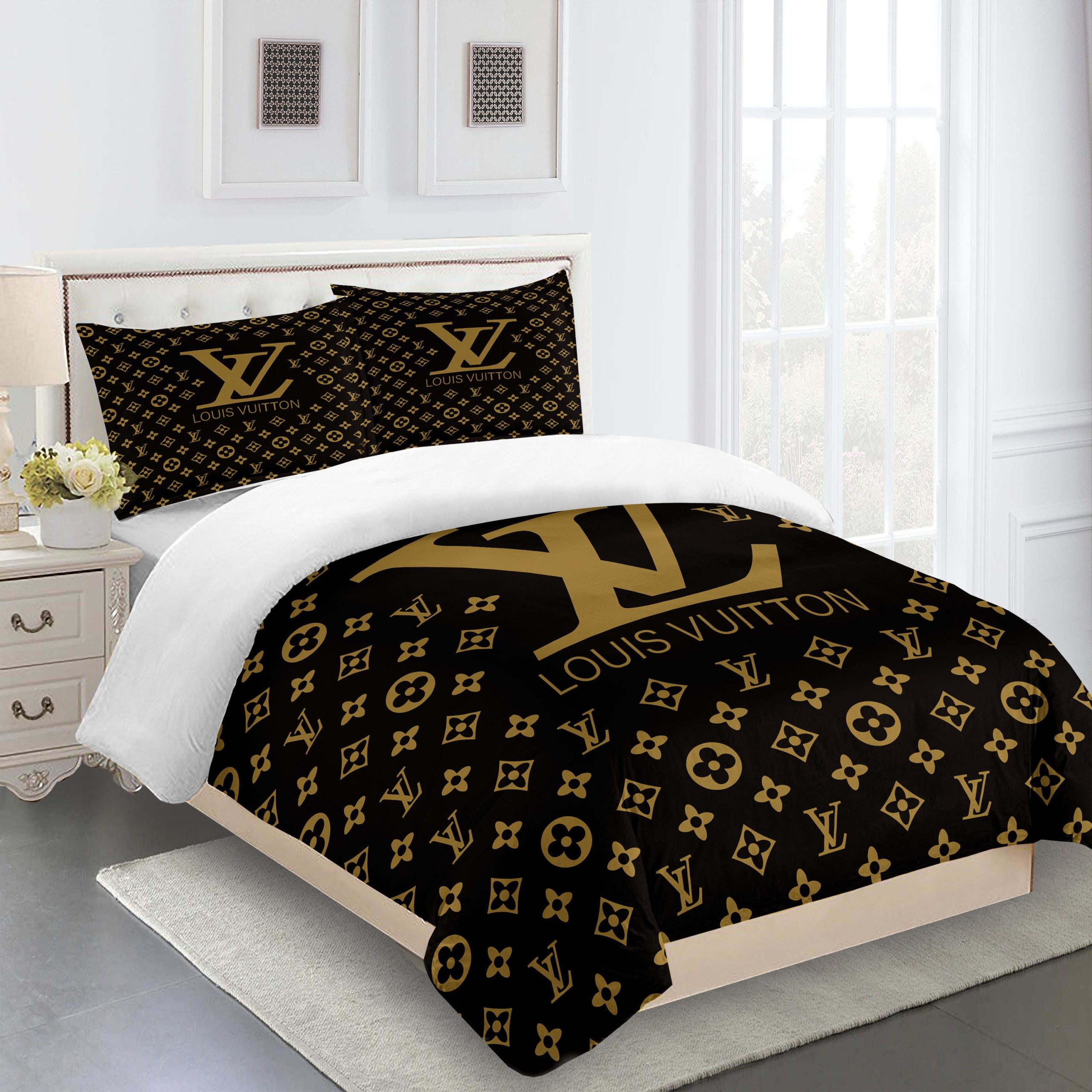 Golden Brown Louis Vuitton Logo Brand Bedding Set Luxury Home Decor Bedspread Bedroom