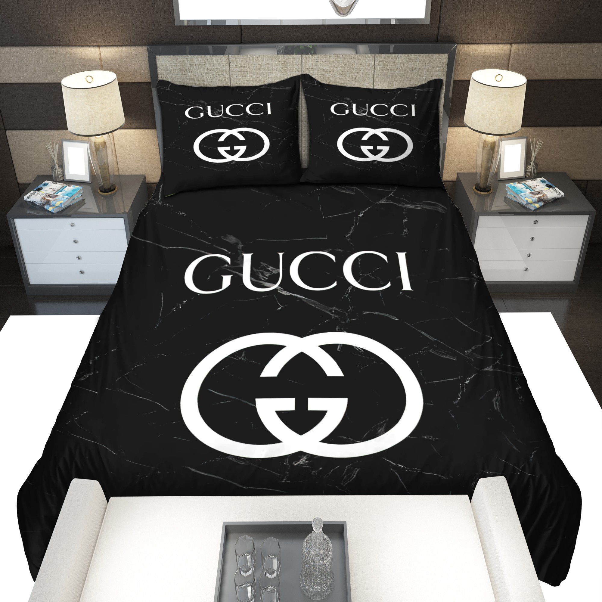 Gucci Black Marble Marmor Logo Brand Bedding Set Home Decor Bedroom Bedspread Luxury