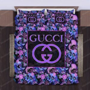 Gucci Pattern Violet Skulltype Logo Brand Bedding Set Luxury Bedspread Home Decor Bedroom