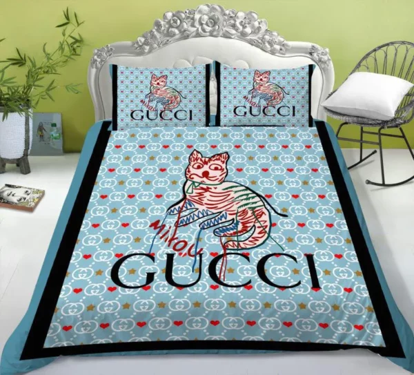 Gucci Cat Logo Brand Bedding Set Bedroom Bedspread Home Decor Luxury