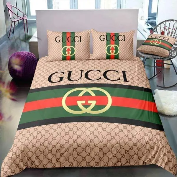 Gucci Brown Stripe Logo Brand Bedding Set Home Decor Luxury Bedroom Bedspread