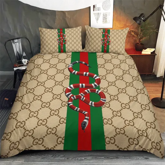 Gucci Brown Snake Logo Brand Bedding Set Home Decor Bedroom Luxury Bedspread