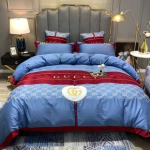 Gucci Blue Logo Brand Bedding Set Bedroom Luxury Bedspread Home Decor