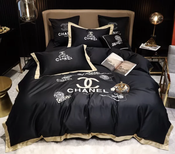 Coco Chanel Black Logo Brand Bedding Set Bedroom Bedspread Luxury Home Decor