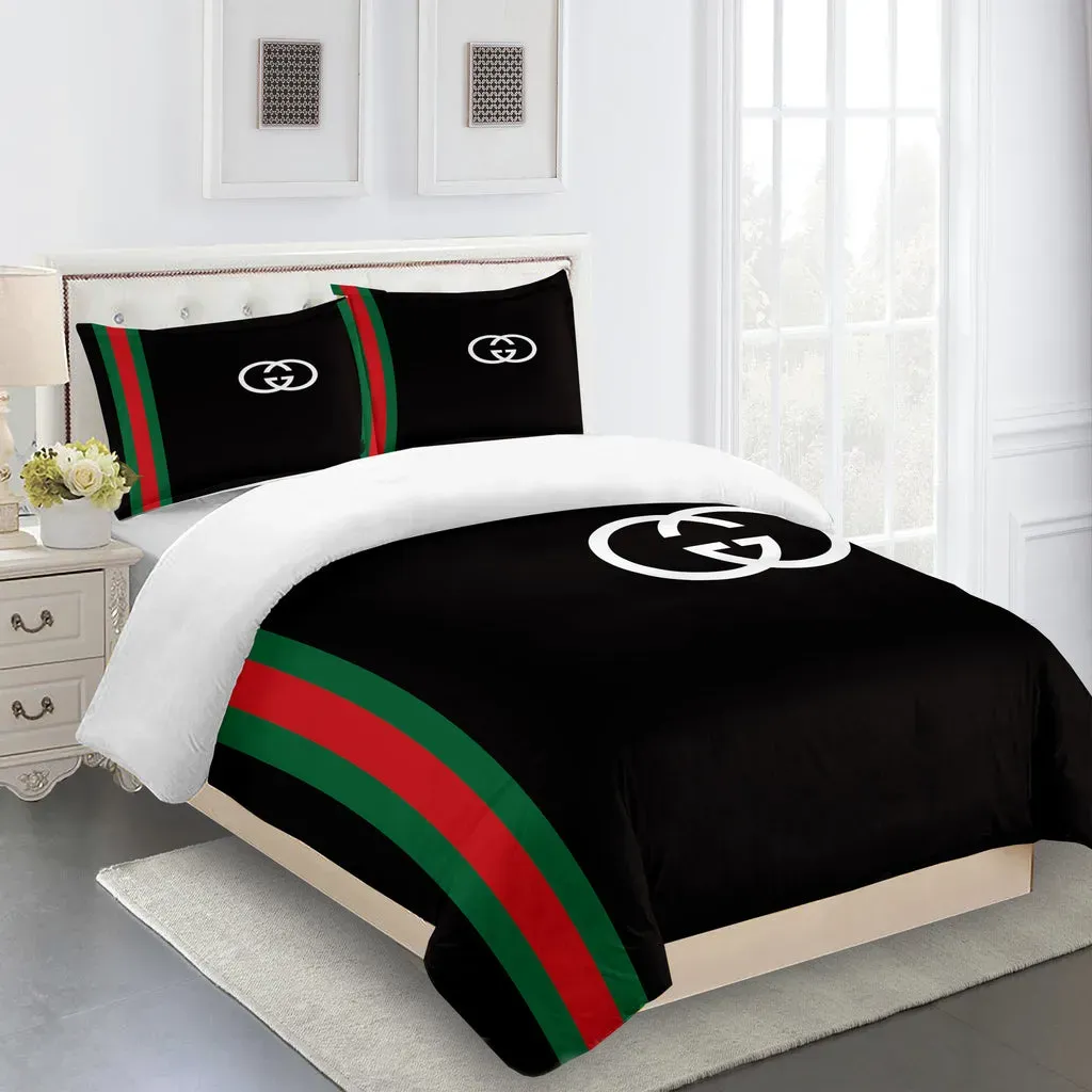 Gucci Black Logo Brand Bedding Set Luxury Home Decor Bedroom Bedspread