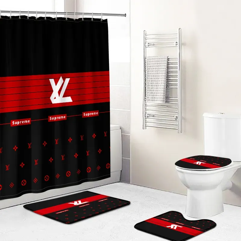 Louis Vitton Red And Black Full Bathroom Set Home Decor Hypebeast Luxury Fashion Brand Bath Mat
