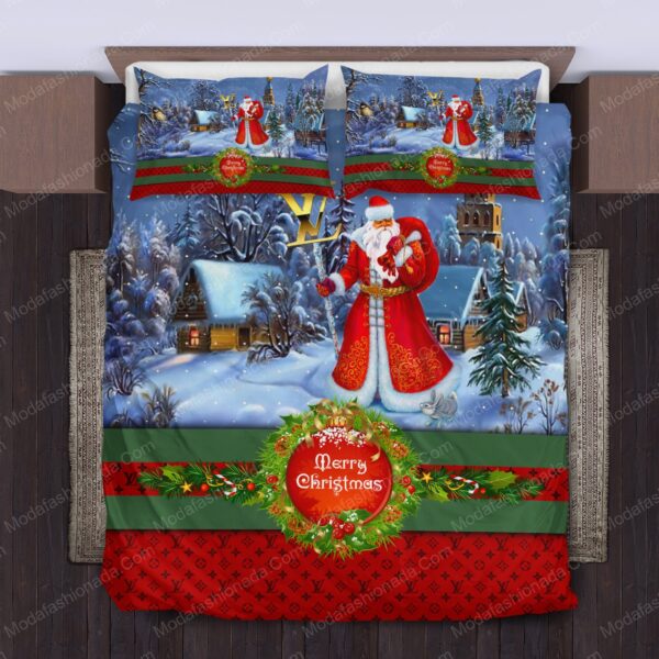 Santa Claus Louis Vuitton Logo Brand Bedding Set Bedroom Luxury Home Decor Bedspread