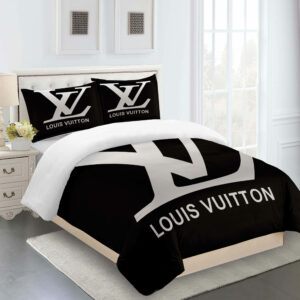 Golden Black Louis Vuitton Logo Brand Bedding Set Bedroom Bedspread Home Decor Luxury