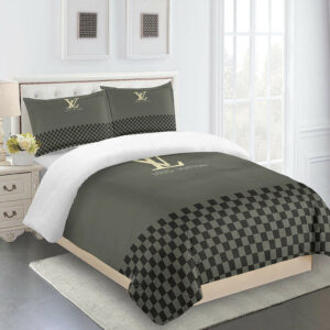 Gray And Black Full Louis Vuitton Logo Brand Bedding Set Bedspread Bedroom Luxury Home Decor