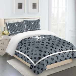 Gray White Black Full Louis Vuitton Logo Brand Bedding Set Home Decor Bedspread Luxury Bedroom