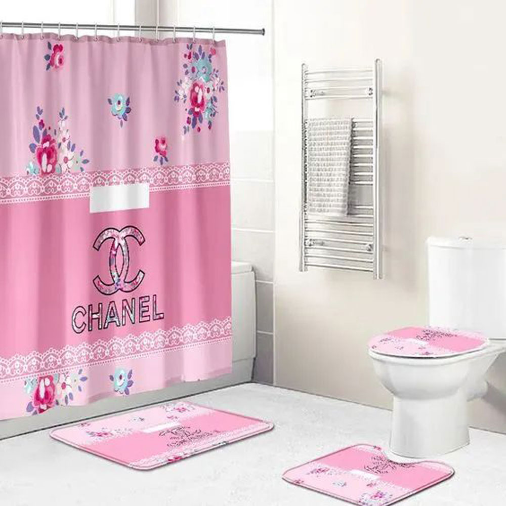 Chanel Pink Flower Bathroom Set Luxury Fashion Brand Hypebeast Home Decor Bath Mat