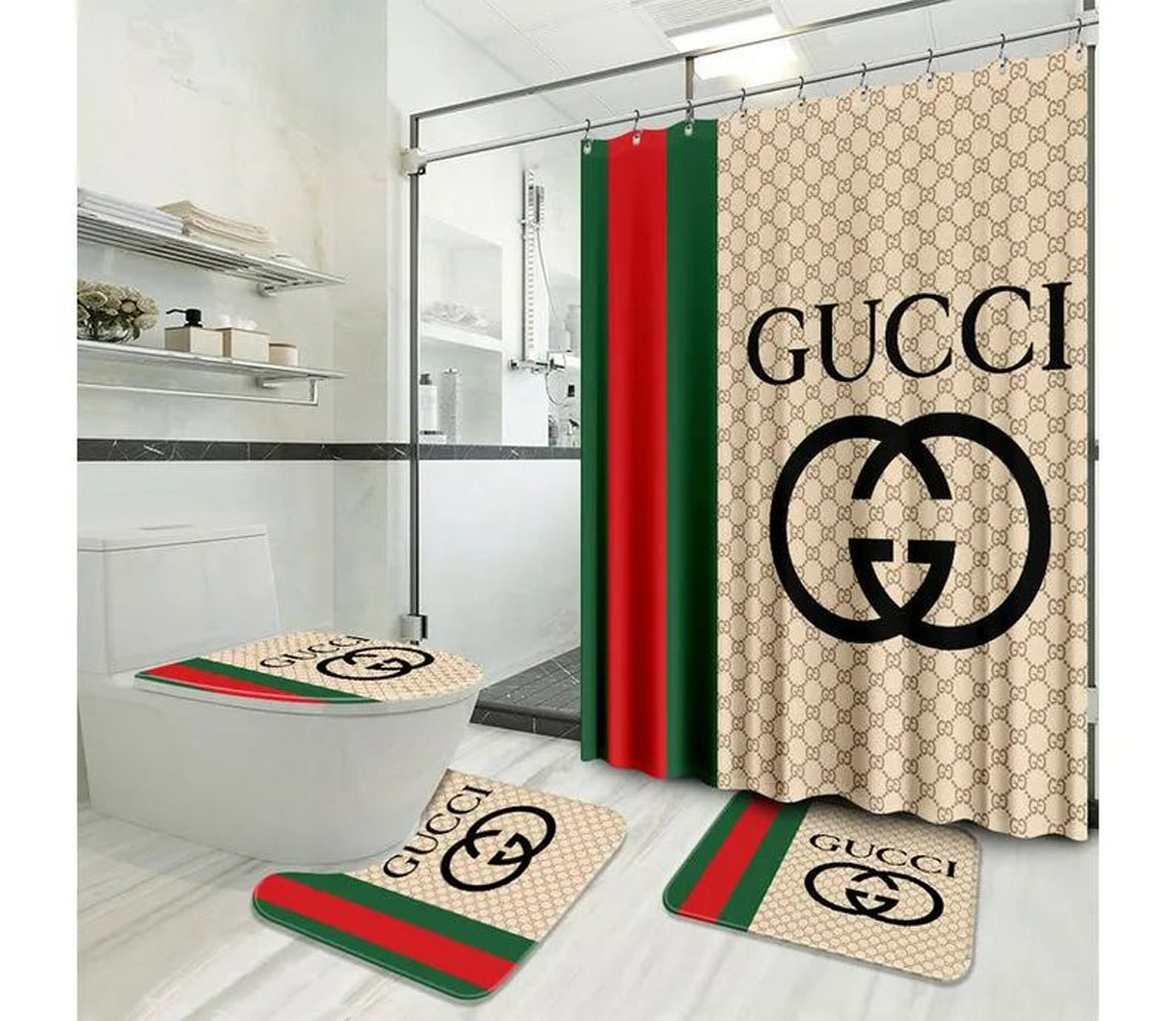 Gucci Beige Stripe Bathroom Set Luxury Fashion Brand Bath Mat Hypebeast Home Decor