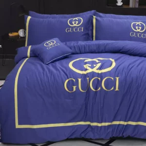Gucci Blue Logo Brand Bedding Set Luxury Bedspread Bedroom Home Decor