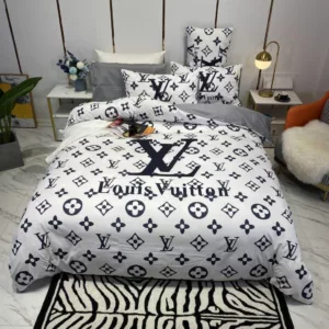 Louis Vuitton White Black Logo Brand Bedding Set Home Decor Luxury Bedroom Bedspread
