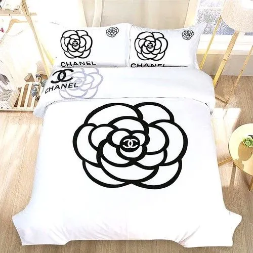 Chanel Paris White Big Roses Logo Brand Bedding Set Home Decor Bedspread Luxury Bedroom