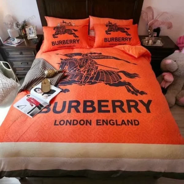 Burberry Orange Logo Brand Bedding Set Bedroom Luxury Bedspread Home Decor