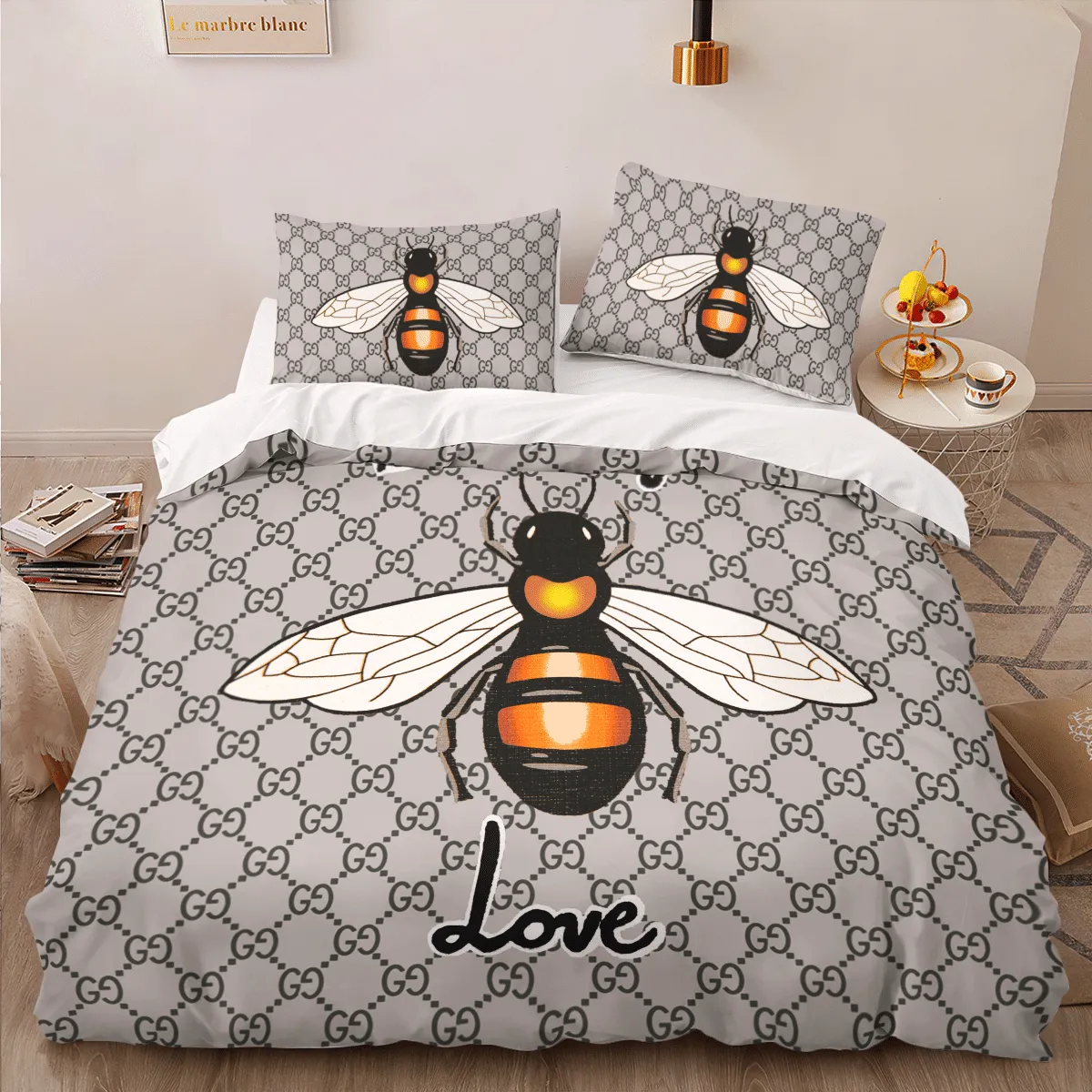 Gucci Bee Blindlove Louis Vuitton Logo Brand Bedding Set Bedspread Luxury Home Decor Bedroom