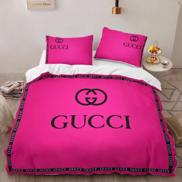 Gucci Pinky Logo Brand Bedding Set Bedspread Home Decor Luxury Bedroom