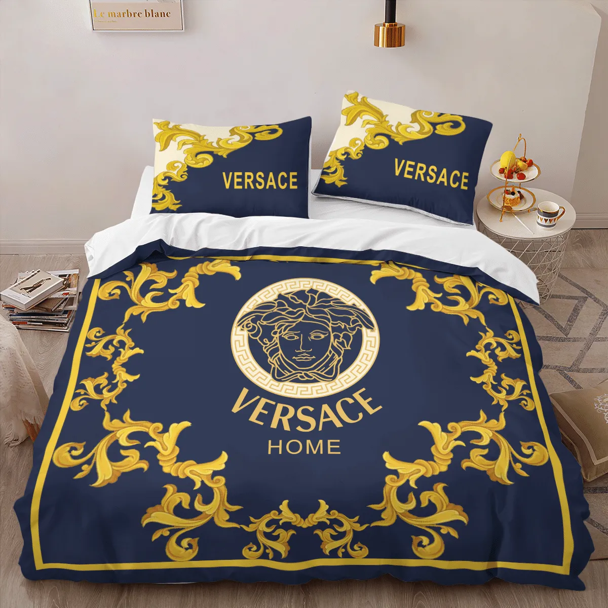 Versace Blue Logo Brand Bedding Set Home Decor Bedspread Bedroom Luxury