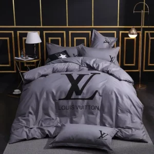 Louis Vuitton Grey Louis Vuitton Logo Brand Bedding Set Bedspread Luxury Bedroom Home Decor