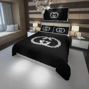Gucci Rose Black Logo Brand Bedding Set Luxury Bedspread Bedroom Home Decor