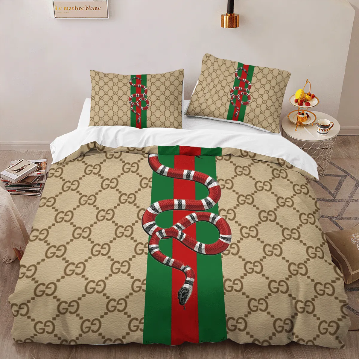 Gucci Brown Snake Logo Brand Bedding Set Bedroom Home Decor Luxury Bedspread