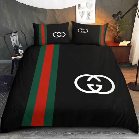 Gucci Black Logo Brand Bedding Set Bedroom Luxury Bedspread Home Decor