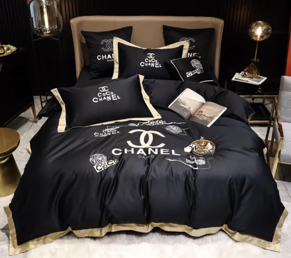 Coco Chanel Black Logo Brand Bedding Set Home Decor Luxury Bedroom Bedspread