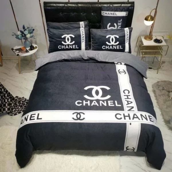 Chanel Grey Logo Brand Bedding Set Luxury Bedroom Bedspread Home Decor