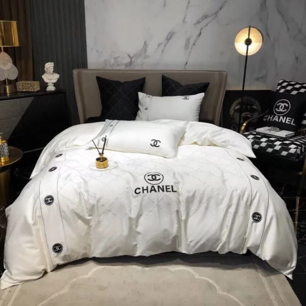 Chanel White Logo Brand Bedding Set Home Decor Luxury Bedroom Bedspread