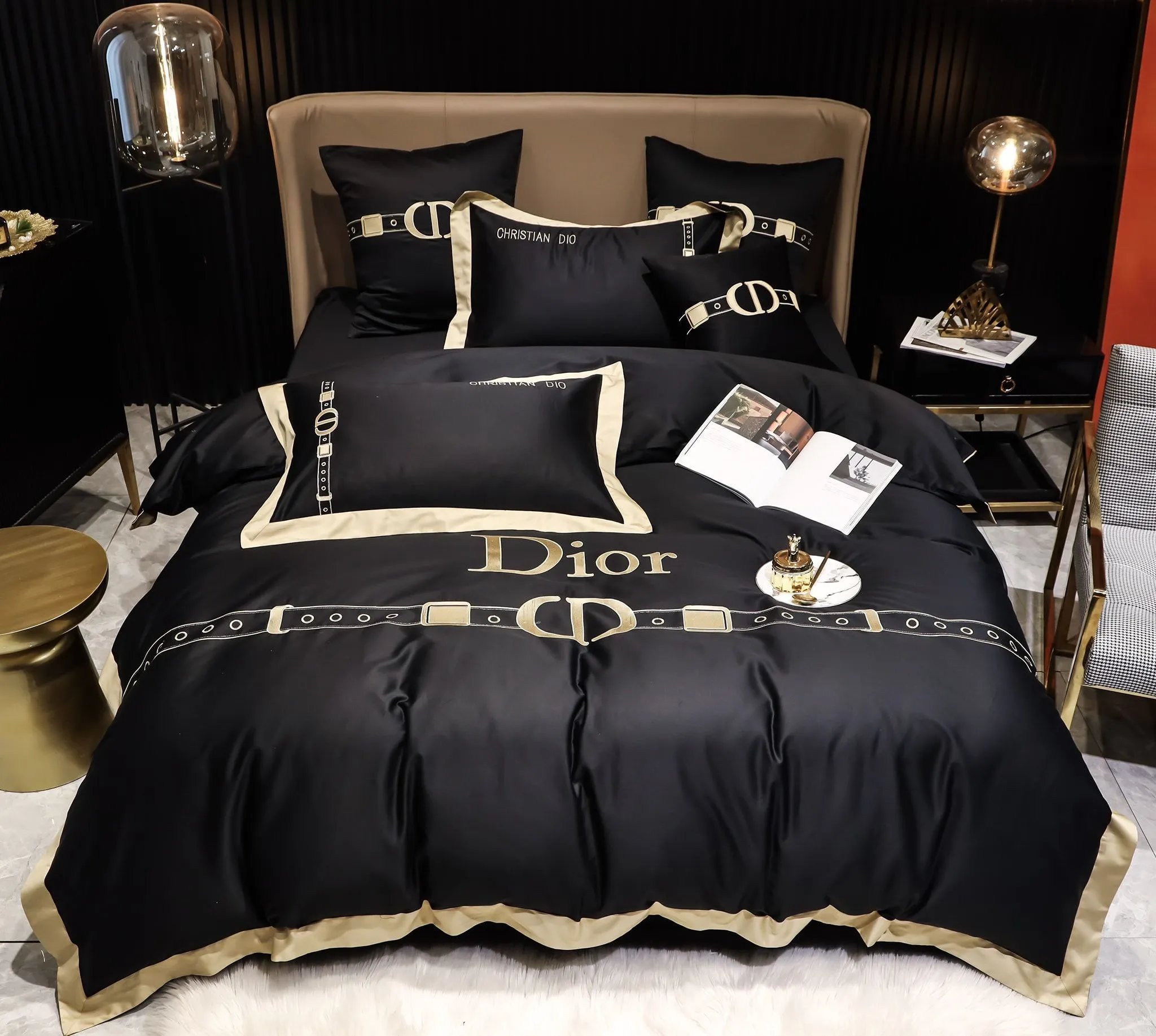 Dior Black Logo Brand Bedding Set Luxury Bedspread Home Decor Bedroom