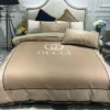 Gucci Beige Logo Brand Bedding Set Luxury Bedspread Bedroom Home Decor