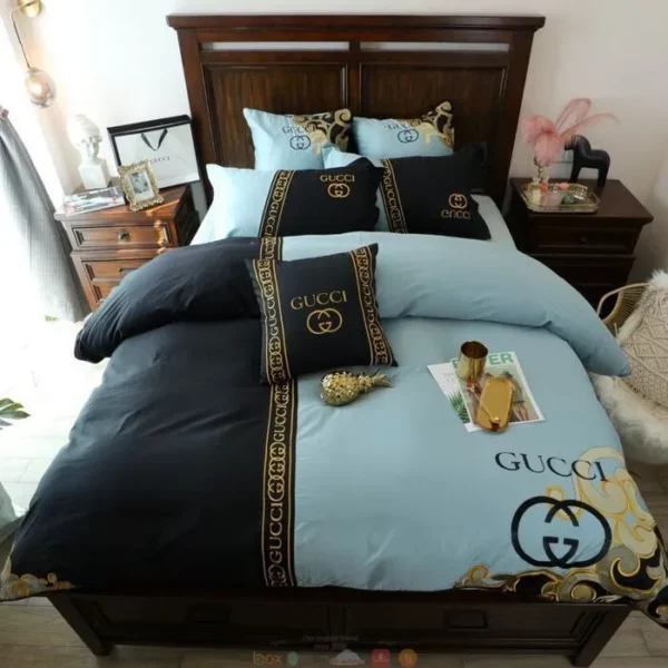 Gucci Blue Logo Brand Bedding Set Bedspread Luxury Bedroom Home Decor