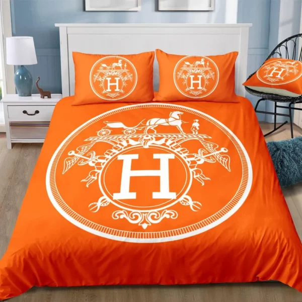 Hermes Orange Logo Brand Bedding Set Home Decor Bedroom Bedspread Luxury