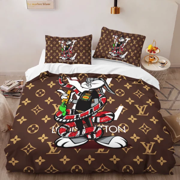 Louis Vuitton Snake Logo Brand Bedding Set Bedspread Luxury Bedroom Home Decor