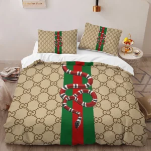 Gucci Brown Snake Logo Brand Bedding Set Bedroom Luxury Bedspread Home Decor