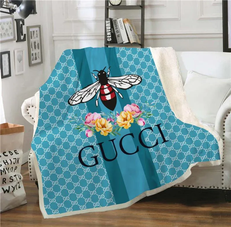 Gucci Bee Flower Blue Fleece Blanket Fashion Brand Luxury Home Decor