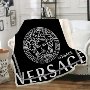 Versace Dark White Logo Fleece Blanket Home Decor Luxury Fashion Brand