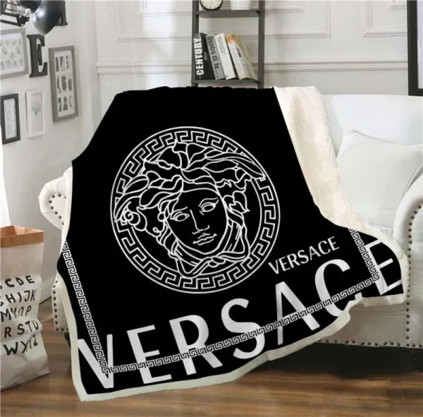 Versace Dark White Logo Fleece Blanket Home Decor Luxury Fashion Brand