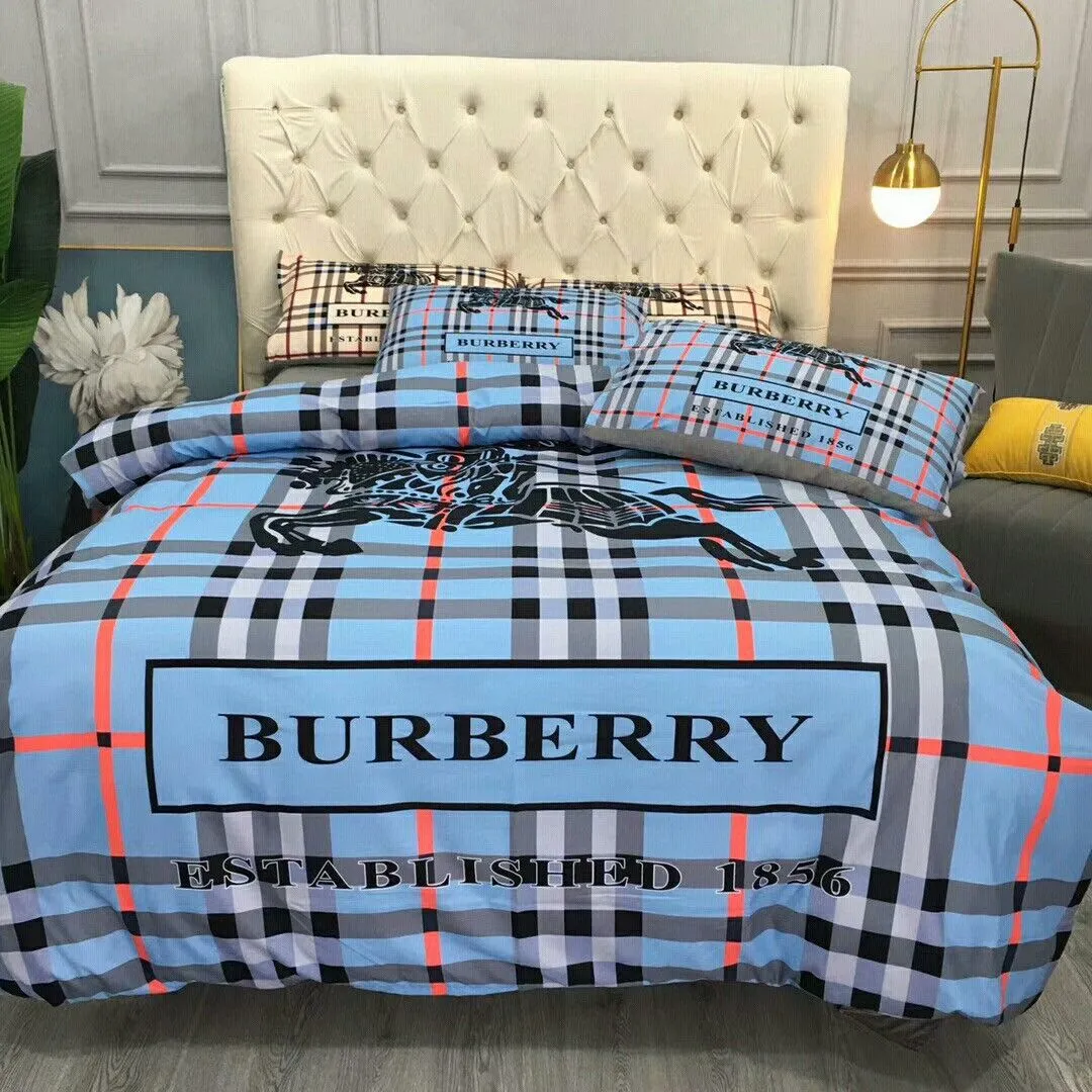 Burberry Blue Logo Brand Bedding Set Luxury Bedspread Home Decor Bedroom