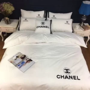 Chanel White Logo Brand Bedding Set Luxury Bedroom Bedspread Home Decor