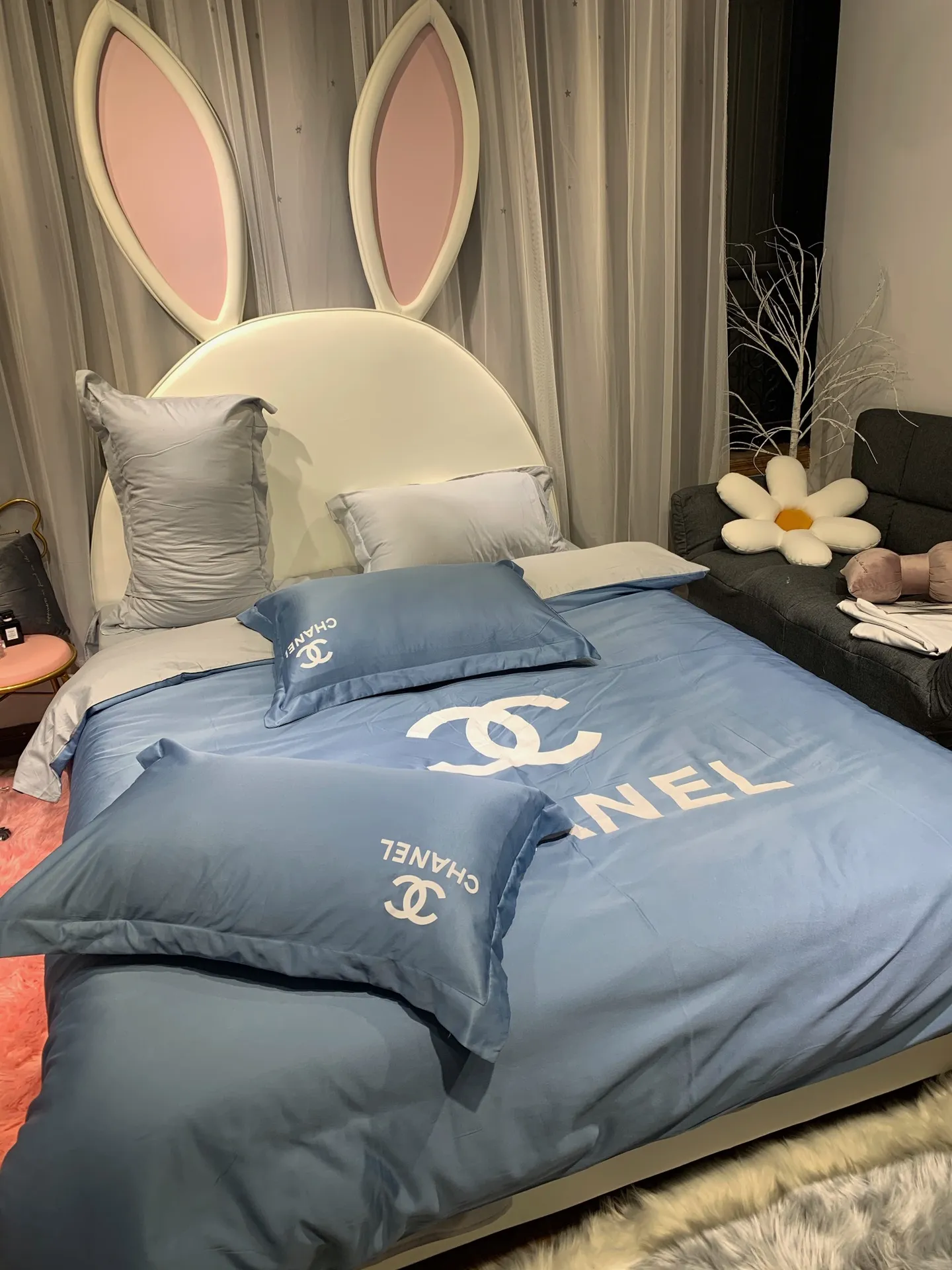 Chanel Blue Logo Brand Bedding Set Home Decor Luxury Bedroom Bedspread
