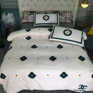 Chanel Flower White Logo Brand Bedding Set Bedspread Luxury Home Decor Bedroom