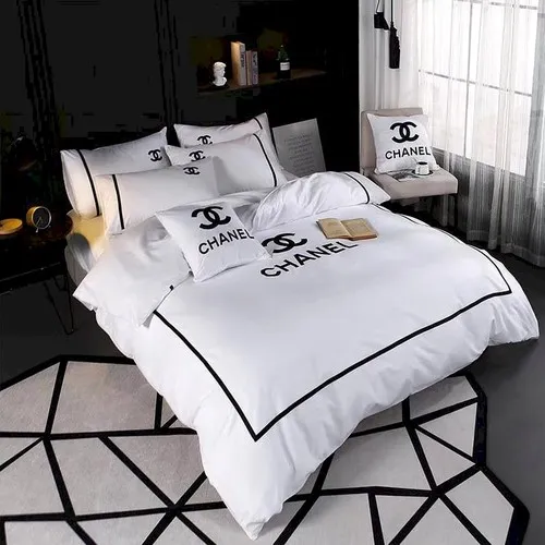 Chanel White Logo Brand Bedding Set Home Decor Luxury Bedroom Bedspread