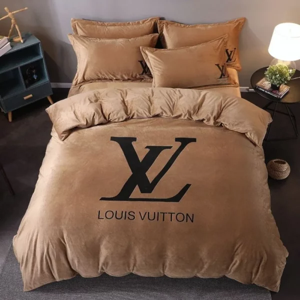 Louis Vuitton Brown Logo Brand Bedding Set Bedroom Bedspread Home Decor Luxury