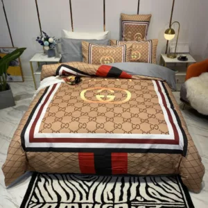 Gucci Brown Logo Brand Bedding Set Bedroom Home Decor Luxury Bedspread