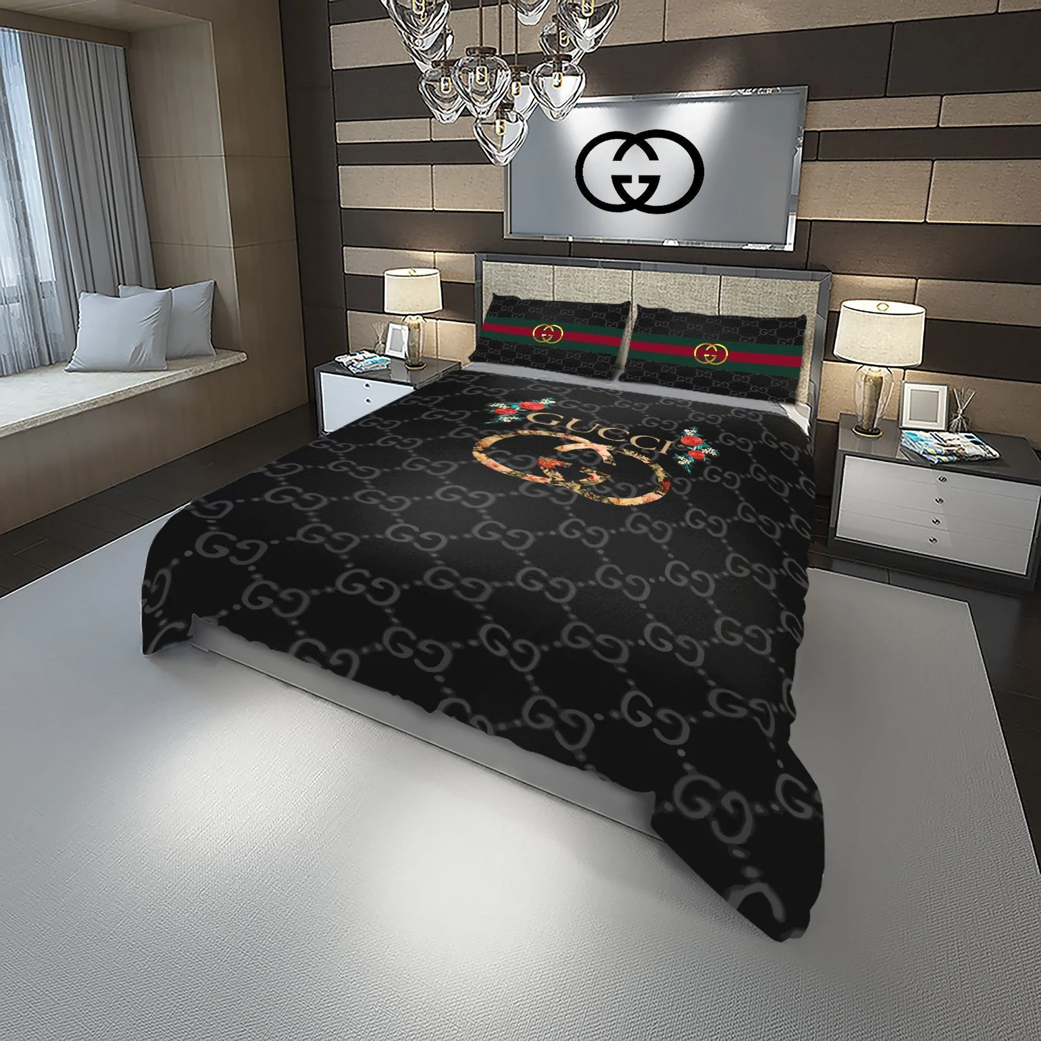 Gucci Flower Logo Brand Bedding Set Home Decor Luxury Bedspread Bedroom