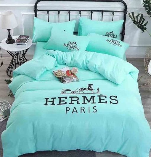 Hermes Light Blue Logo Brand Bedding Set Bedroom Luxury Home Decor Bedspread